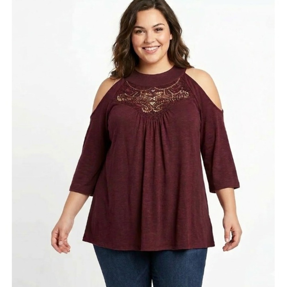 New Maurices Burgundy/Brown Cold Shoulder Sequins Stretch Top Size XL